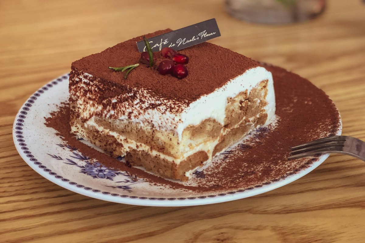 Traditional tiramisu dessert served at Merchant of Venice, Patchings Art Centre, near Calverton