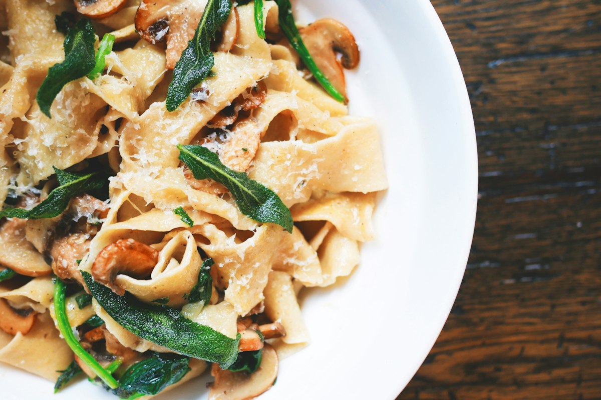Fresh pappardelle pasta with mushroom and sage, the kind of dish that defines Leicester's best Italian dining