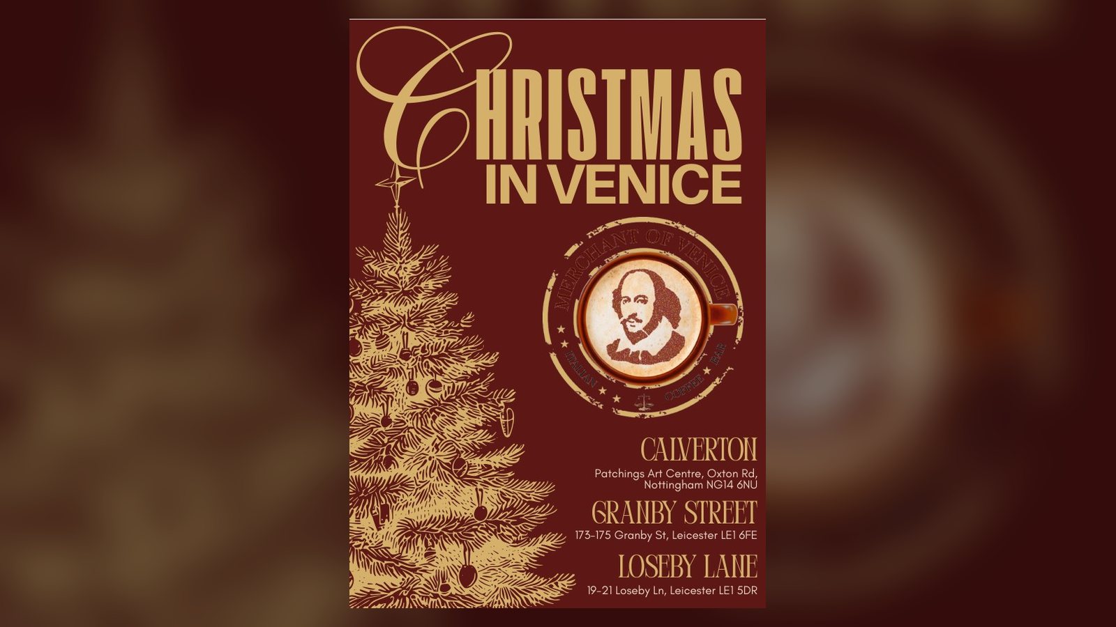 Christmas in Venice — the Merchant of Venice festive Christmas menu postcard for Granby Street, Loseby Lane and Patchings Art Centre