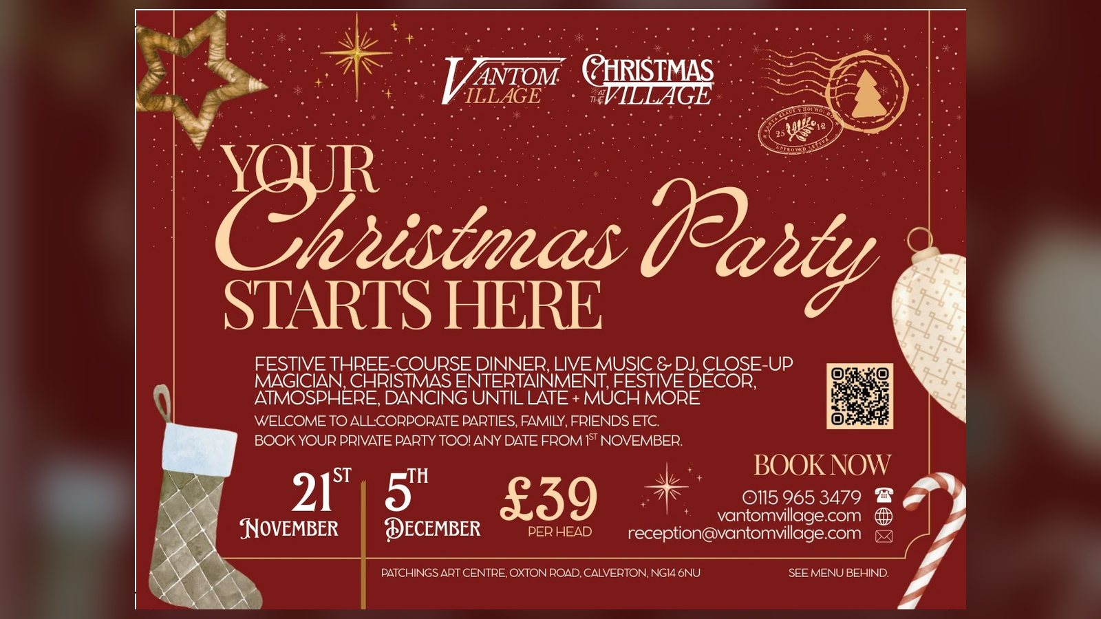 Your Christmas Party Starts Here — Vantom Village Christmas Party Nights flyer for 21st November and 5th December 2026