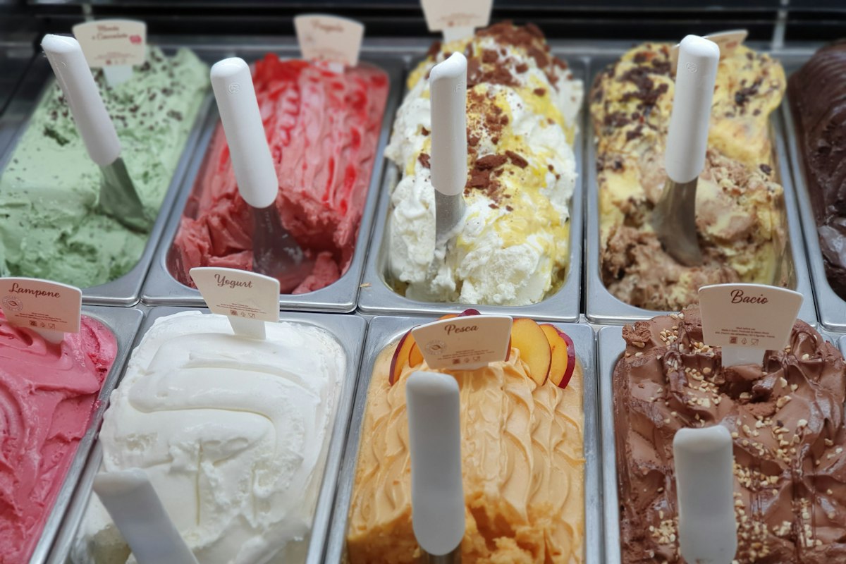 Colourful Italian gelato counter, a treat for families dining at Merchant of Venice Leicester
